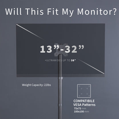 Extra tall desk mount for single monitor provides sit or stand application for the user, flexible viewing angles, and tall screen placement.