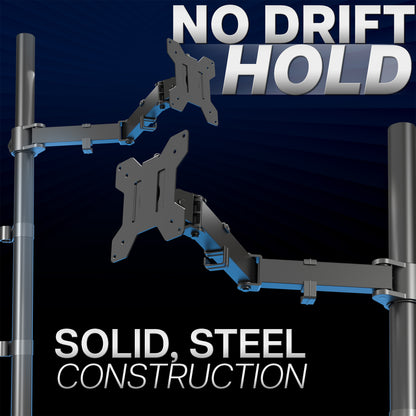 Extra tall monitor stand with 'No Drift Hold' and 'Solid, Steel Construction' text on a dark background