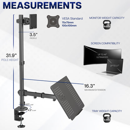 Single Ultrawide Monitor and Laptop Extra Tall Desk Mount with Universal VESA Compatibility