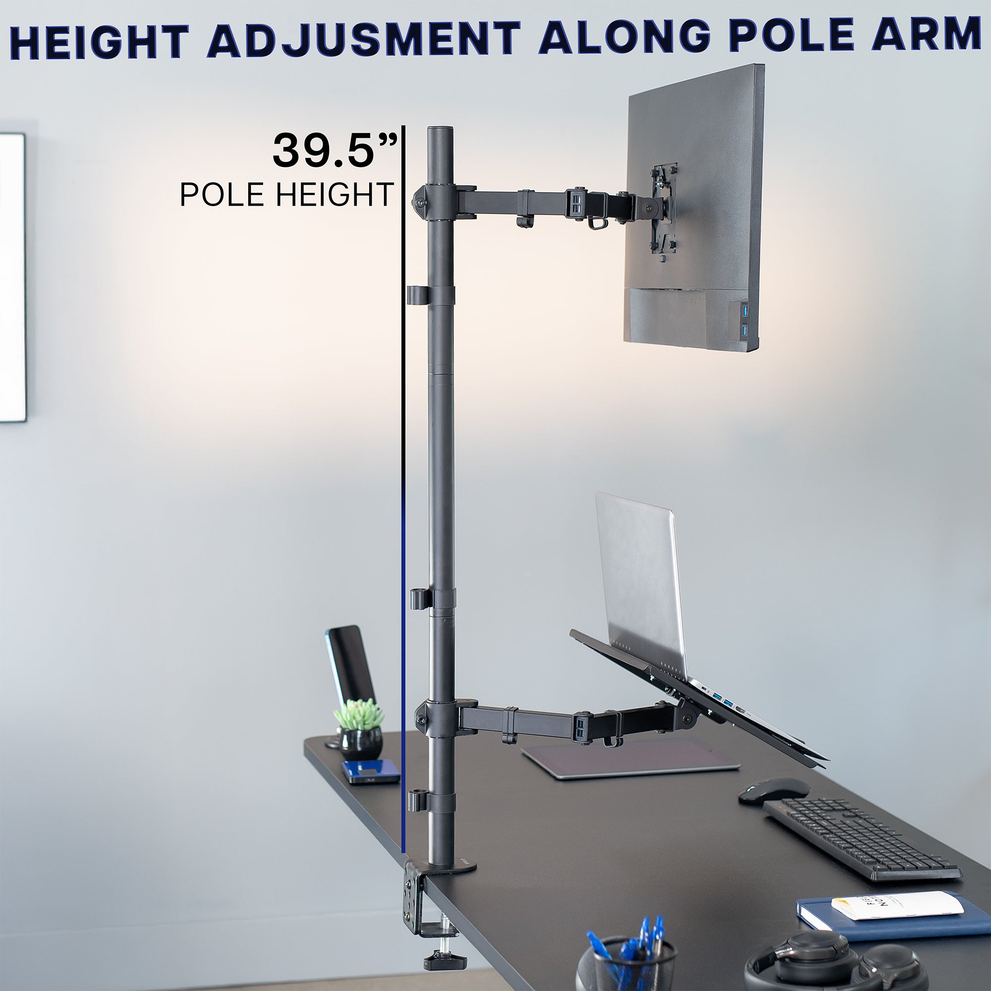 Height adjustable single monitor extra tall desk mount. 