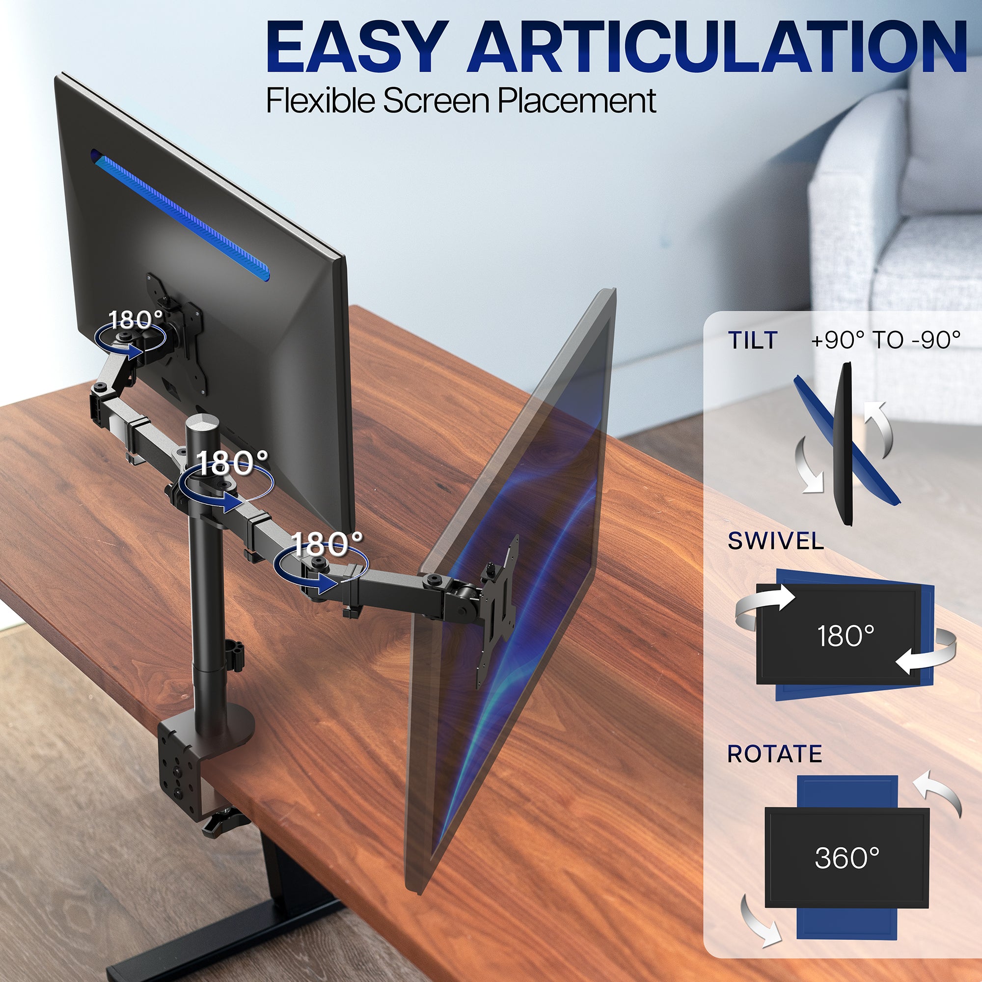Monitor stand with flexible screen placement on a desk, showing articulation features.
