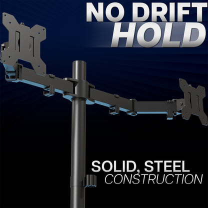 Black adjustable monitor stand with 'No Drift Hold' and 'Solid Steel Construction' text on a dark background
