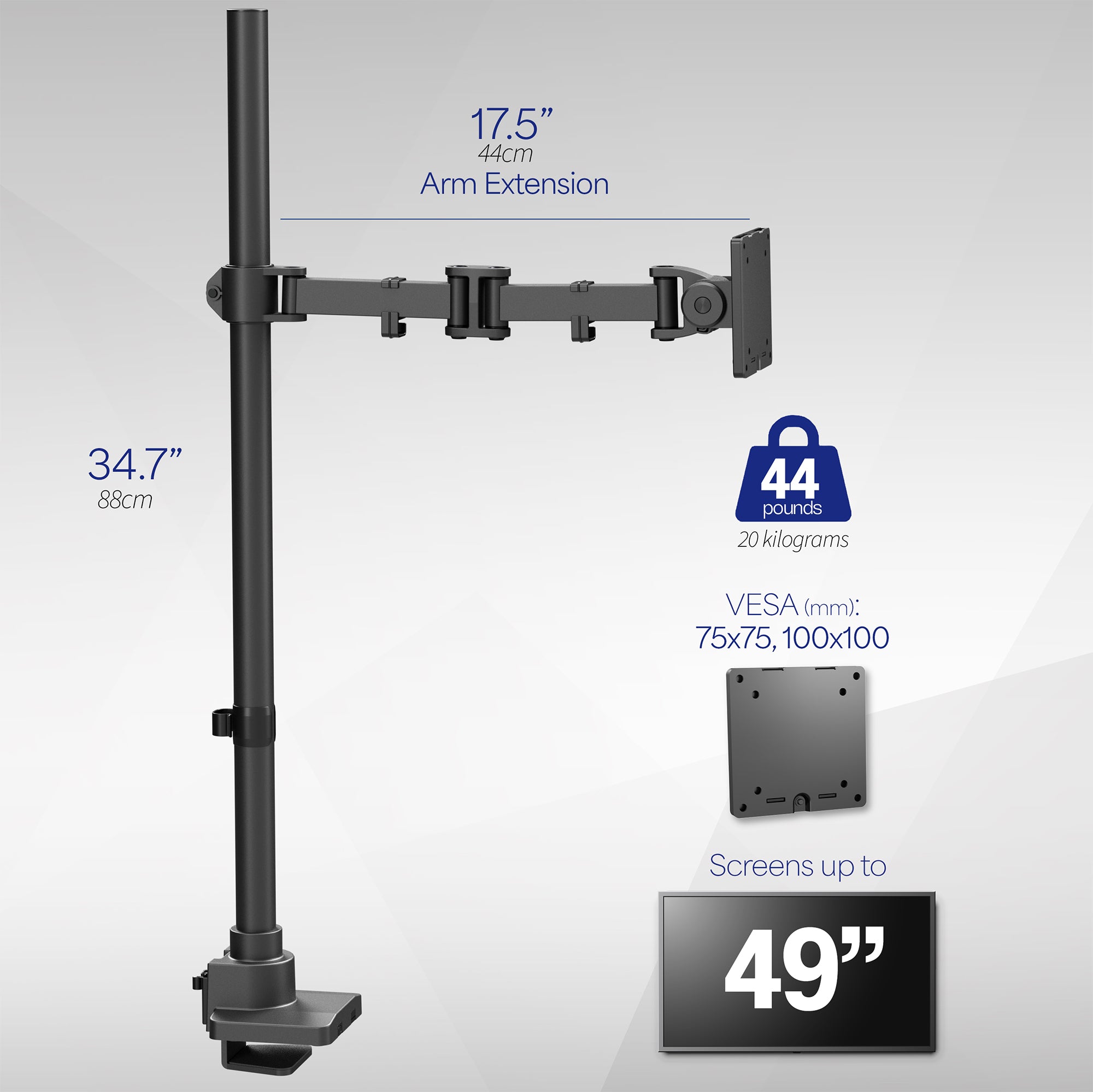 Extra tall single monitor ultrawide desk mount with extending arm.