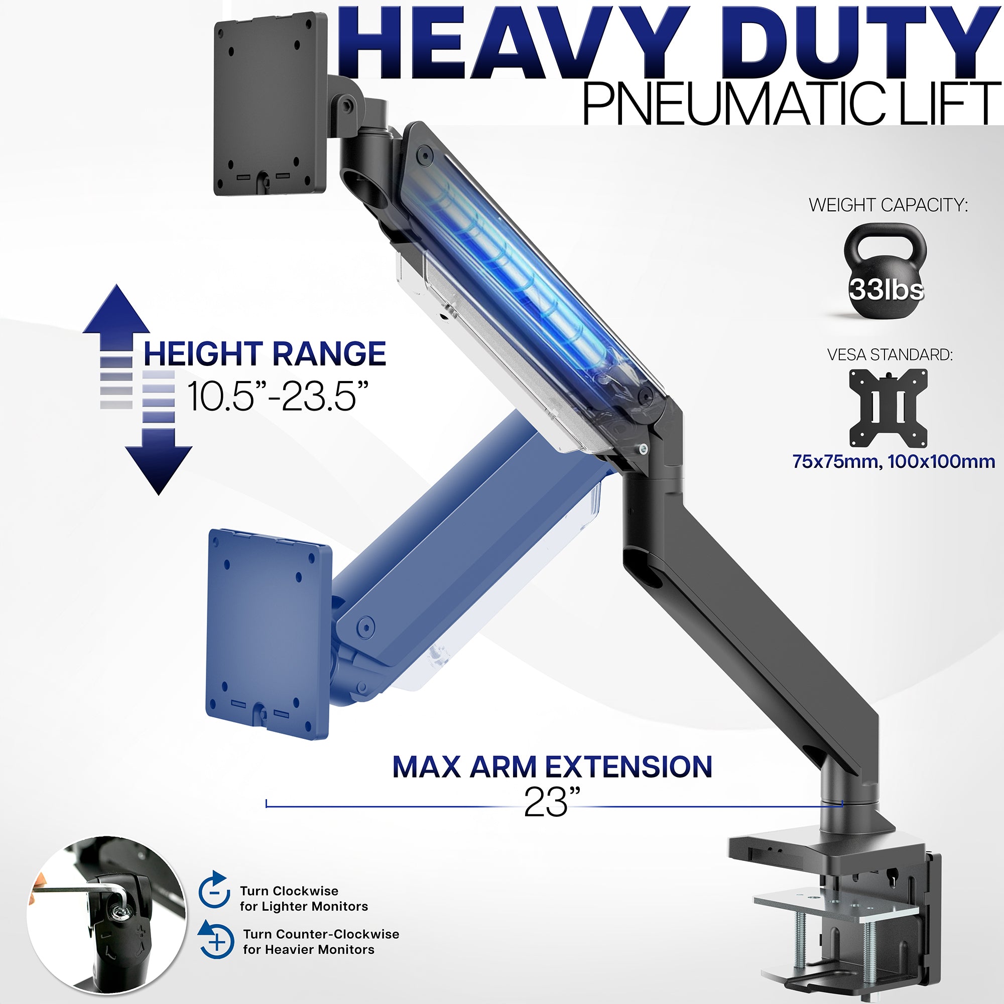 Heavy-duty pneumatic lift with specifications on a white background