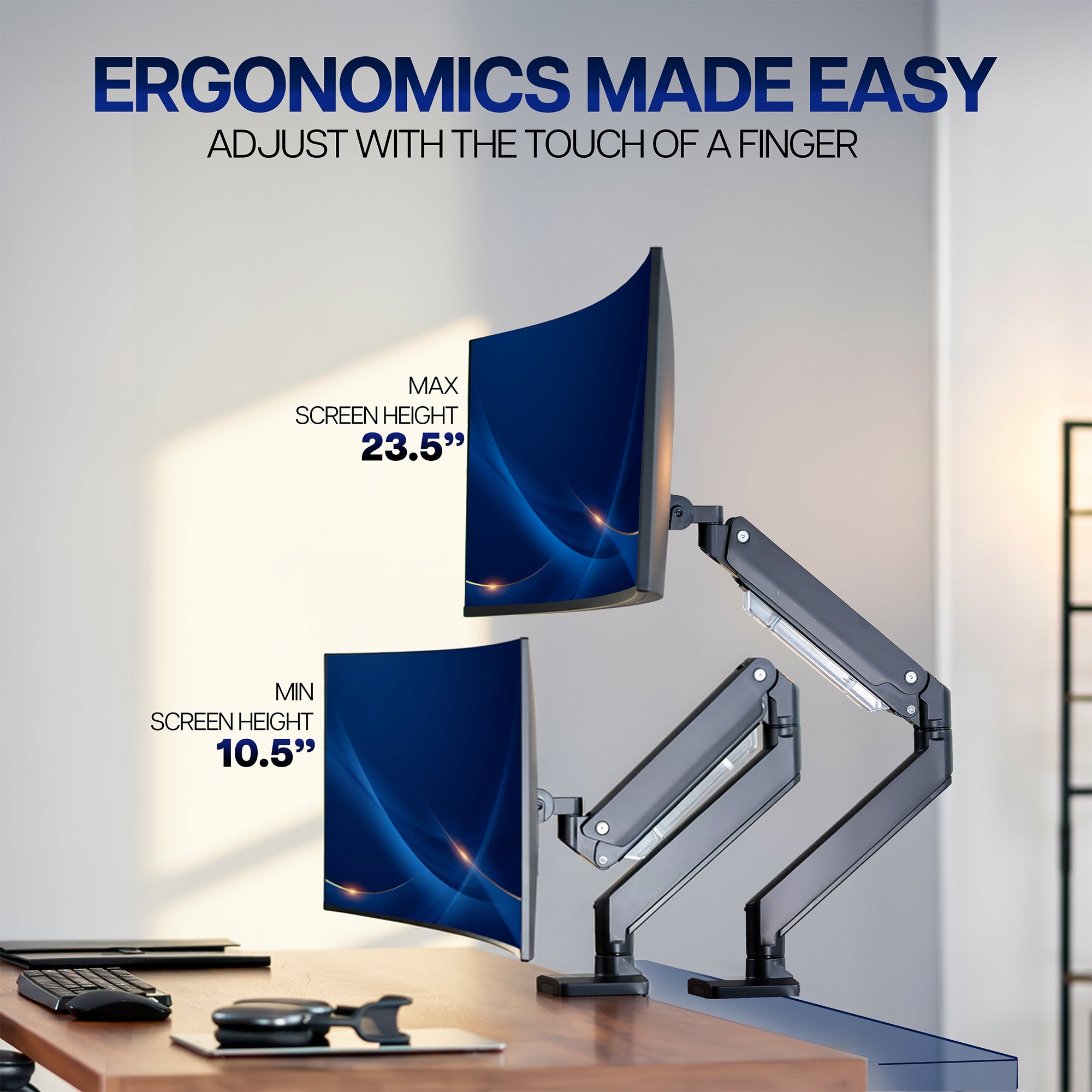 Ergonomic monitor stand featuring text 'Ergonomics Made Easy' and adjustable screen height information.