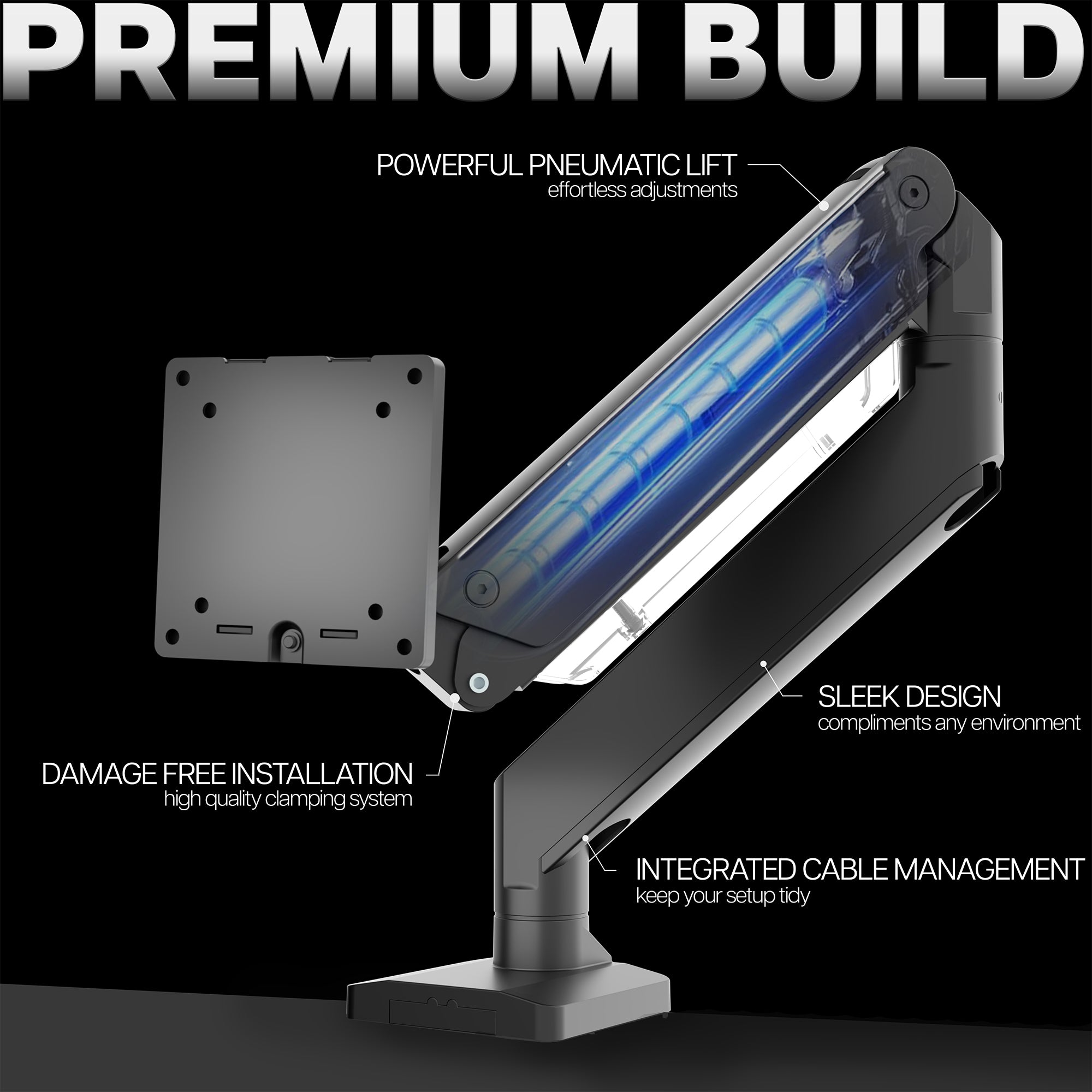 Pneumatic Arm Single Ultrawide Monitor Desk Mount with features highlighted on a black background