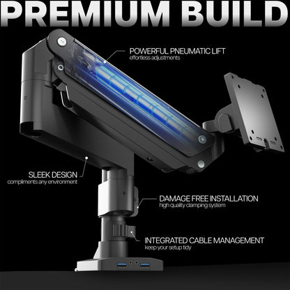 Pneumatic Arm Single Ultrawide Monitor Desk Mount with USB features highlighted on a black background
