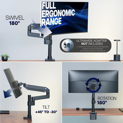 Ergonomic, Pneumatic Arm, Single Ultrawide Monitor Desk Mount with USB  with swivel, tilt, and rotation features on a desk.