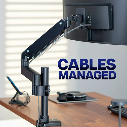 Pneumatic Arm Single Ultrawide Monitor Desk Mount with USB cable management system shown with 'Cables Managed' text.