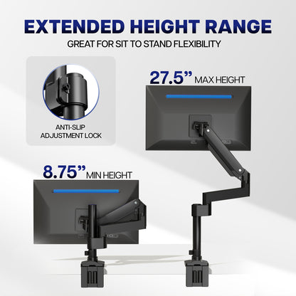 Pneumatic Arm Single Monitor Desk Mount with adjustable height range on a white background