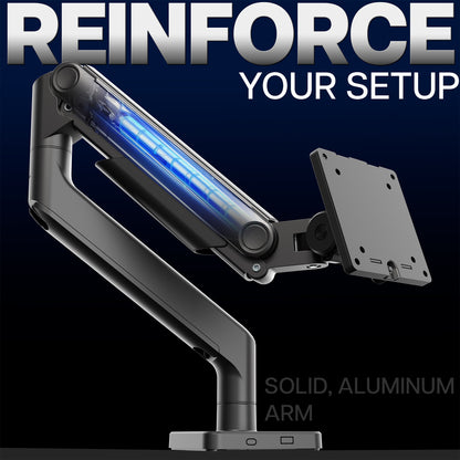 Computer monitor stand with blue light on a black background, featuring the text 'Reinforce Your Setup'.