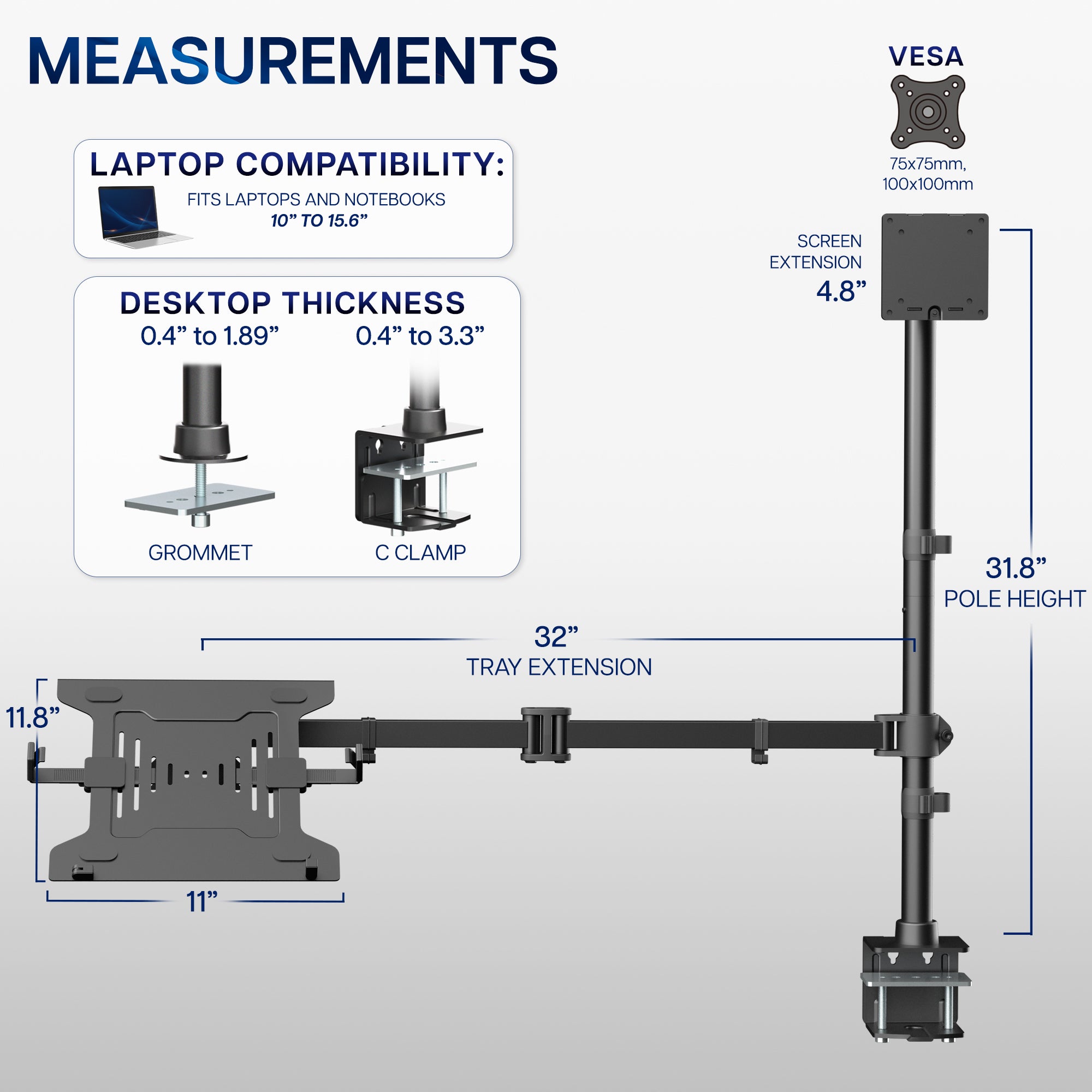 Measurement chart of mount with various dimensions and compatibility details.