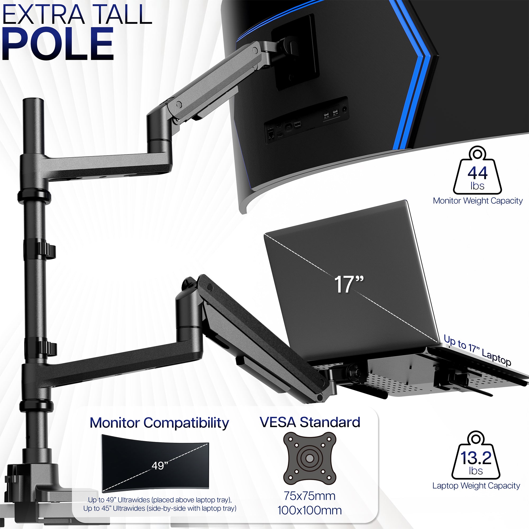 Monitor and laptop stand with adjustable arms on a white background