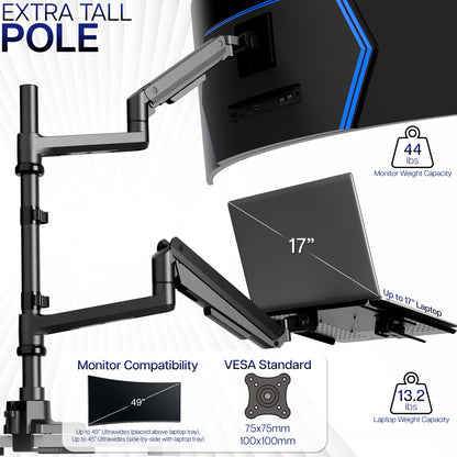 Monitor and laptop stand with adjustable arms on a white background