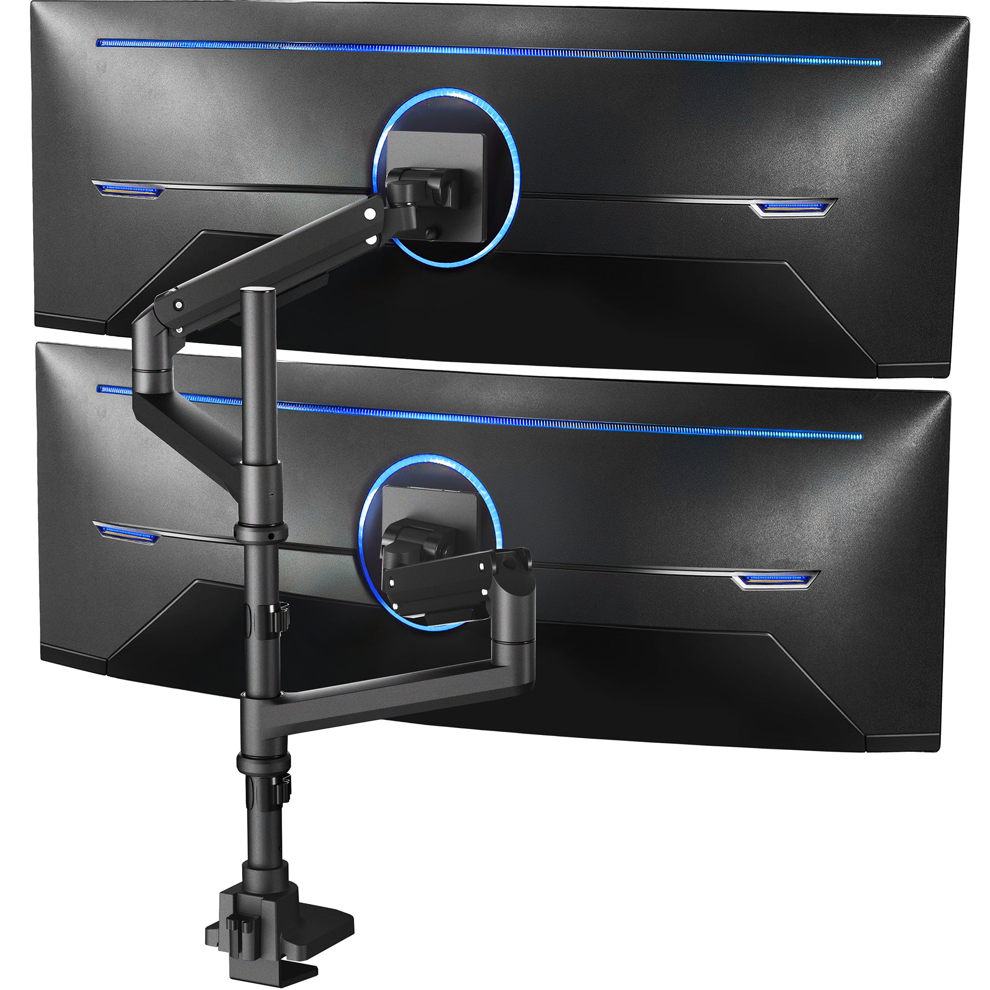 Dual monitor ultrawide desk mount with extending arms. Featuring height adjustment, tilt, swivel, rotation, and integrated cable management.