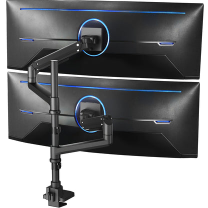 Dual monitor ultrawide desk mount with extending arms. Featuring height adjustment, tilt, swivel, rotation, and integrated cable management.