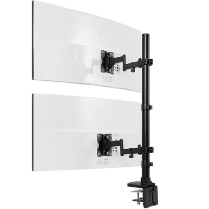 Stacked vertical dual monitor ultrawide desk mount with extending arms. Height adjustable with tilt, swivel, and integrated cable management.