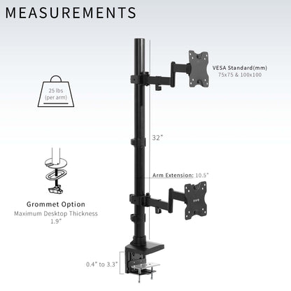 Stacked vertical dual monitor ultrawide desk mount with extending arms. Height adjustable with tilt, swivel, and integrated cable management.