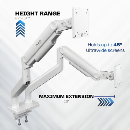 White monitor arms with height range, maximum extension, and screen size information on a light gray background.