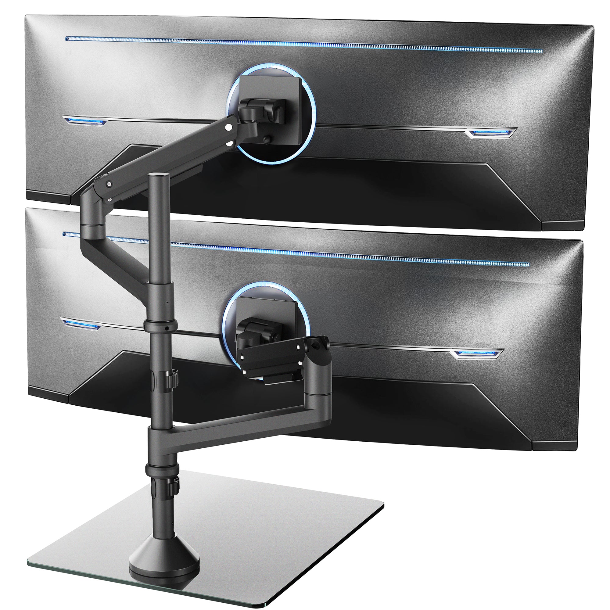 Heavy duty height adjustable dual ultrawide monitor stand with articulation and integrated cable management.