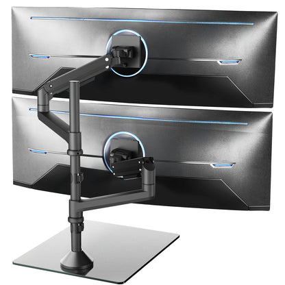 Heavy duty height adjustable dual ultrawide monitor stand with articulation and integrated cable management.