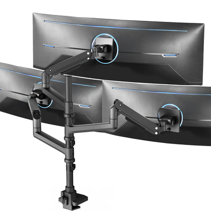 Triple monitor ultrawide desk mount with extending arms. Featuring height adjustment, tilt, swivel, rotation, and integrated cable management.