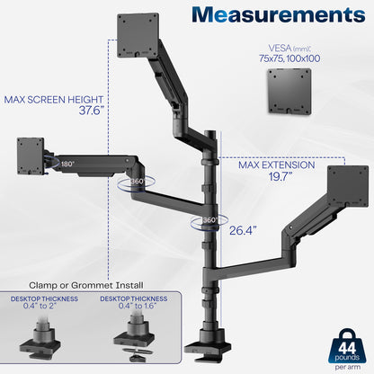 Triple monitor ultrawide desk mount with extending arms. Featuring height adjustment, tilt, swivel, rotation, and integrated cable management.