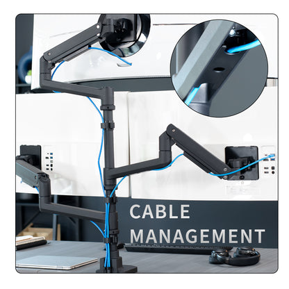 Triple monitor ultrawide desk mount with extending arms. Featuring height adjustment, tilt, swivel, rotation, and integrated cable management.
