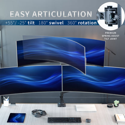 Triple monitor ultrawide desk mount with extending arms. Featuring height adjustment, tilt, swivel, rotation, and integrated cable management.