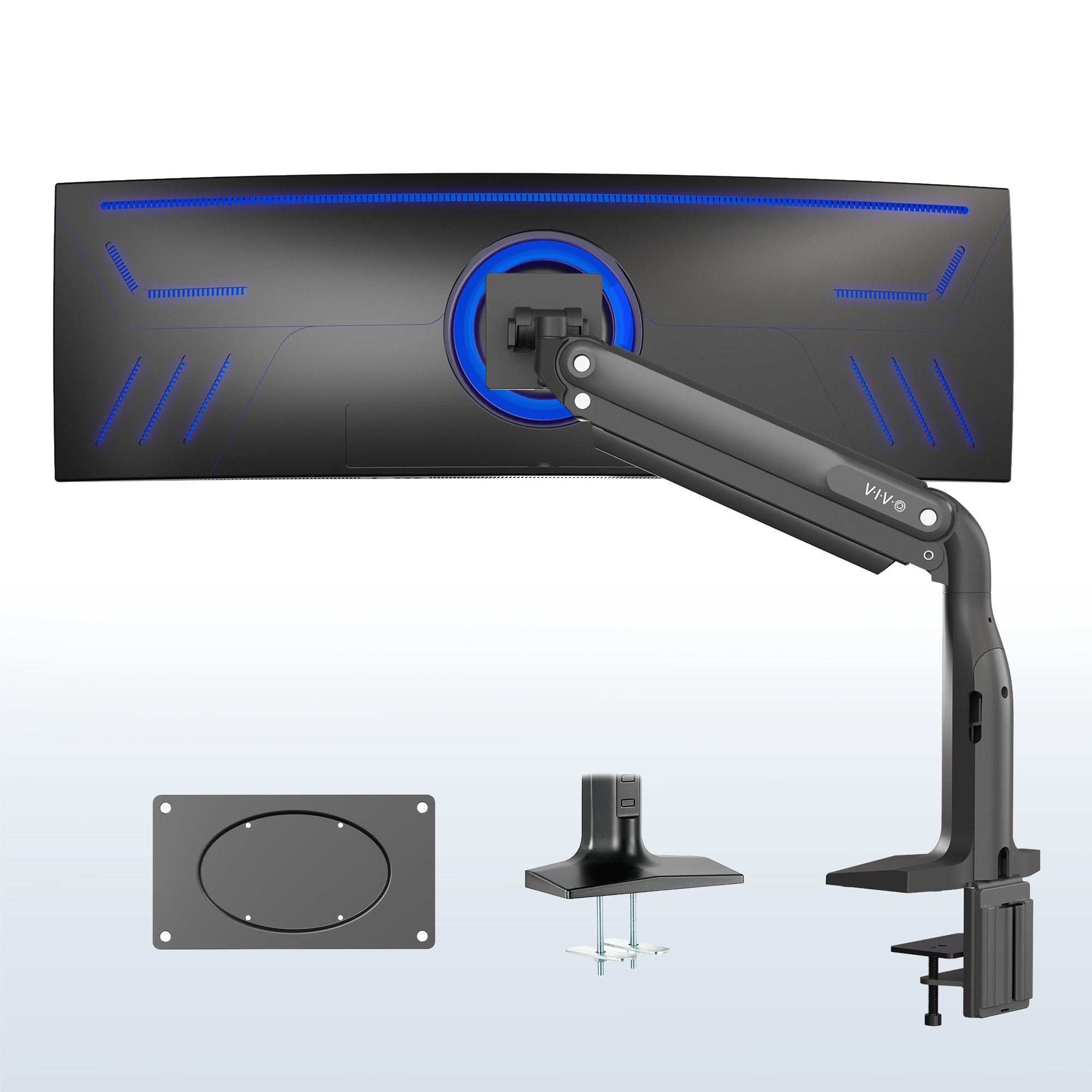 Monitor stand with monitor, arm, and additional components on a white background