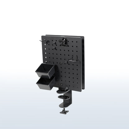 Clamp-on rotating pegboard for storage and privacy with accessories included. Double-sided organization panel featuring flexible placement and an easy assembly process.