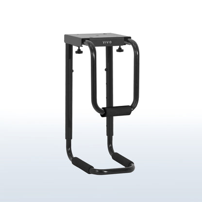 Sturdy under desk PC mount with adjustable width and height and protective padding included.
