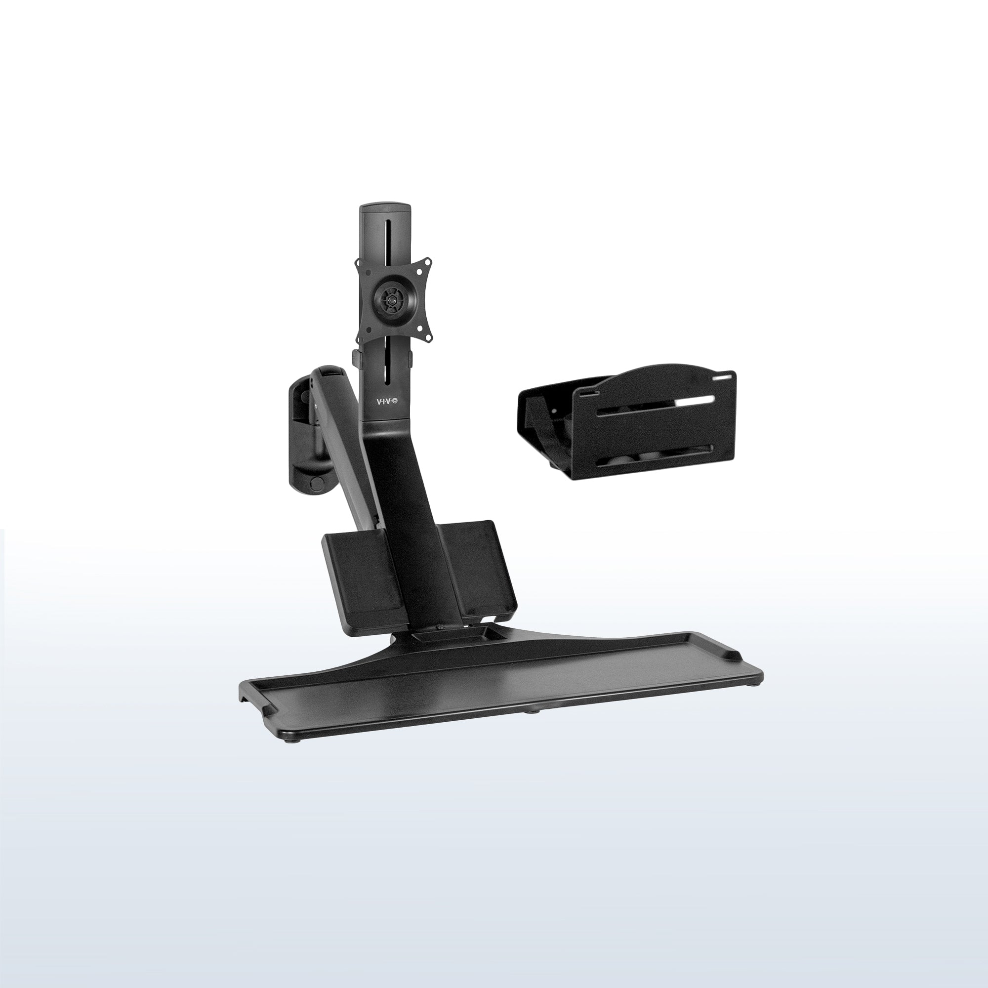 Sturdy ergonomic single monitor sit to stand wall mount workstation with keyboard tray.