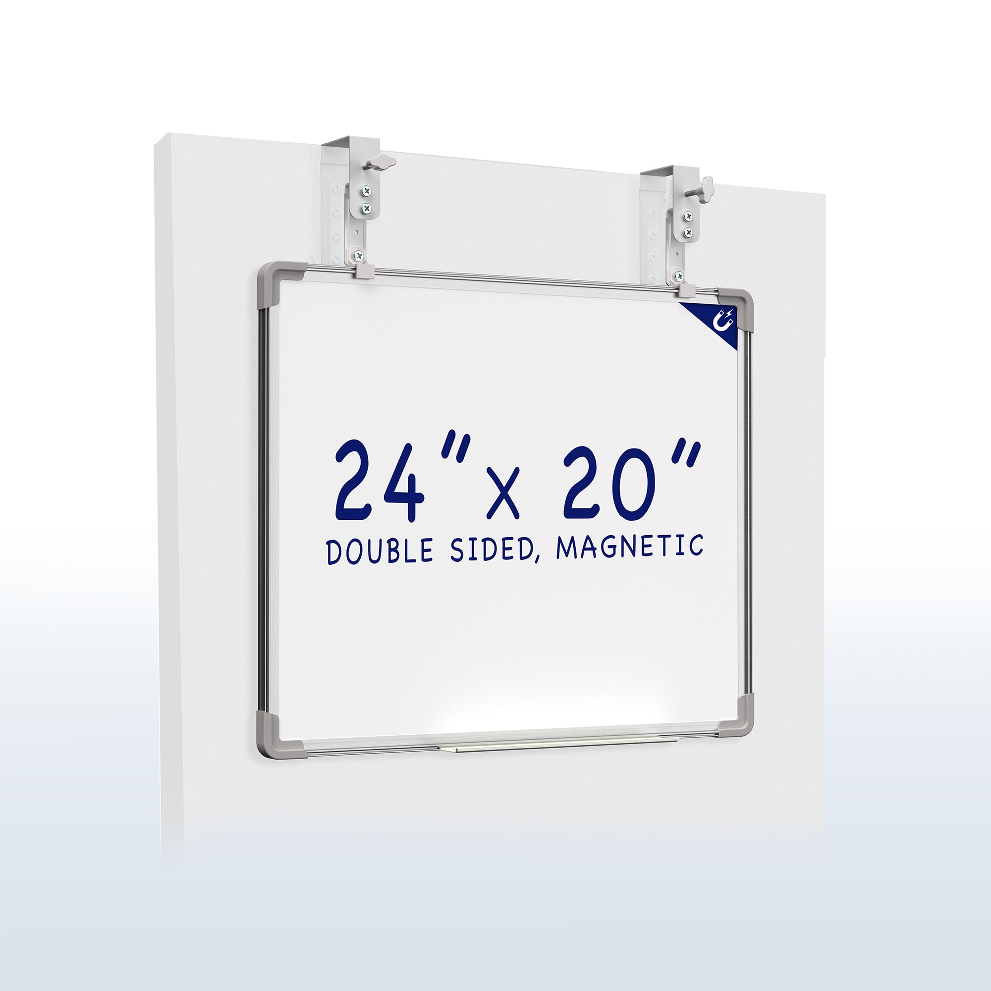 White, double-sided magnetic dry erase board mounted on a white wall. 