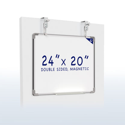 White, double-sided magnetic dry erase board mounted on a white wall. 