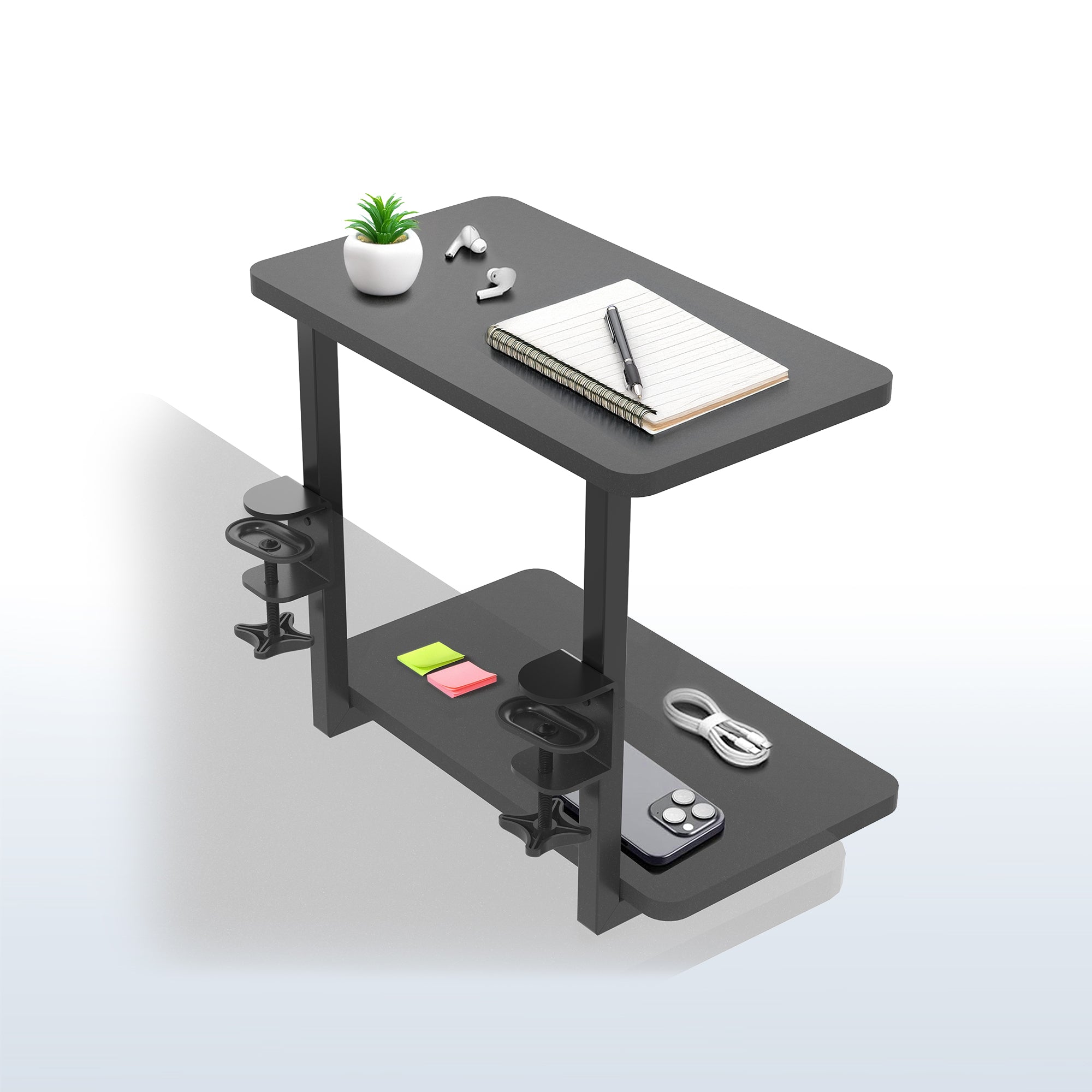 Above or below desk dual tier adjustable shelving system for flexible desk organization using convenient clamp-on storage. This versatile two-platform product can be arranged in multiple configurations to suit your workspace needs and aesthetic preferences.