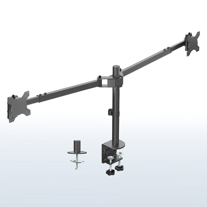 Telescoping Dual Ultrawide Monitor Desk Mount - Up to 45" Screens on a white and blue gradient background