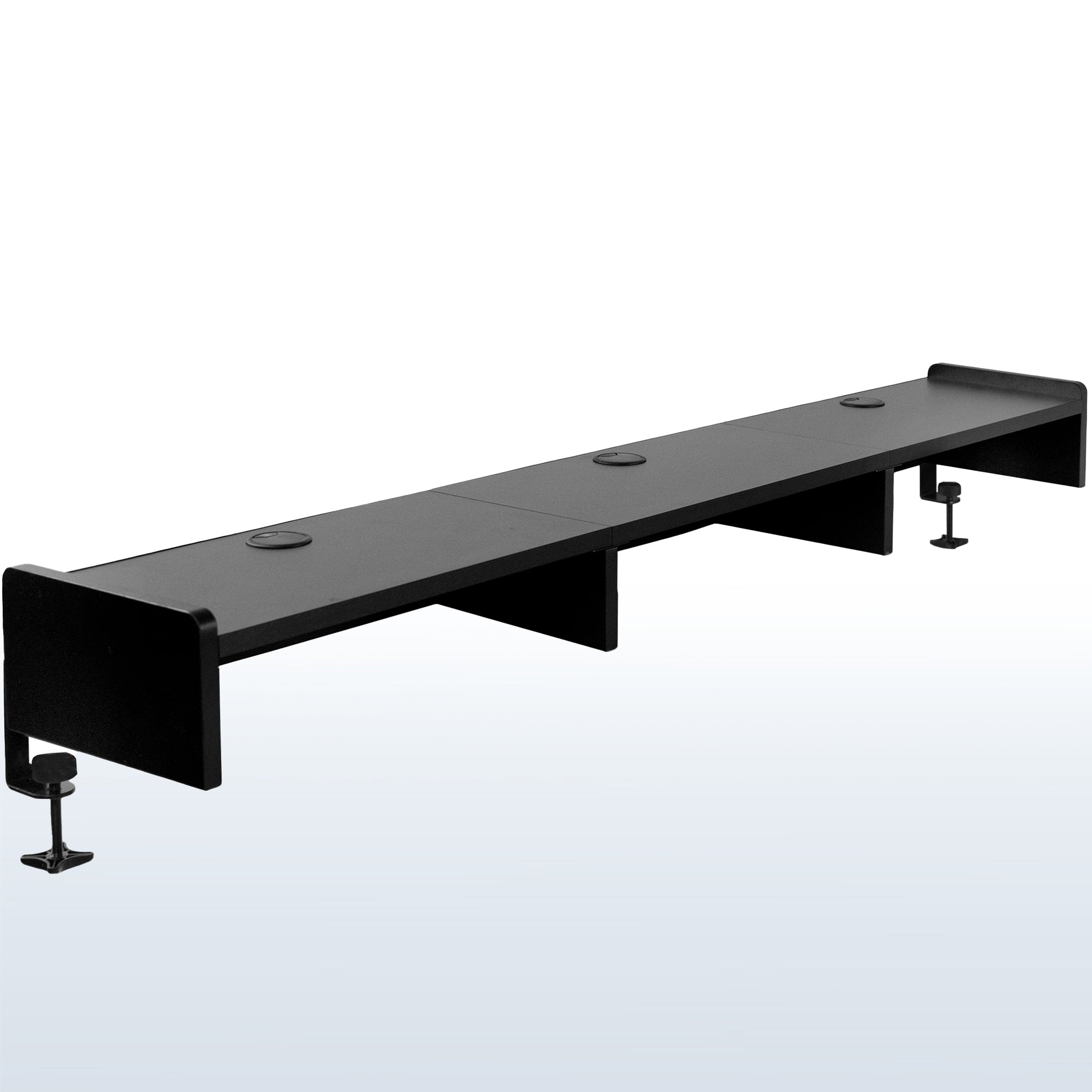 Desktop monitor riser for multiple monitors and comfortable display viewing.