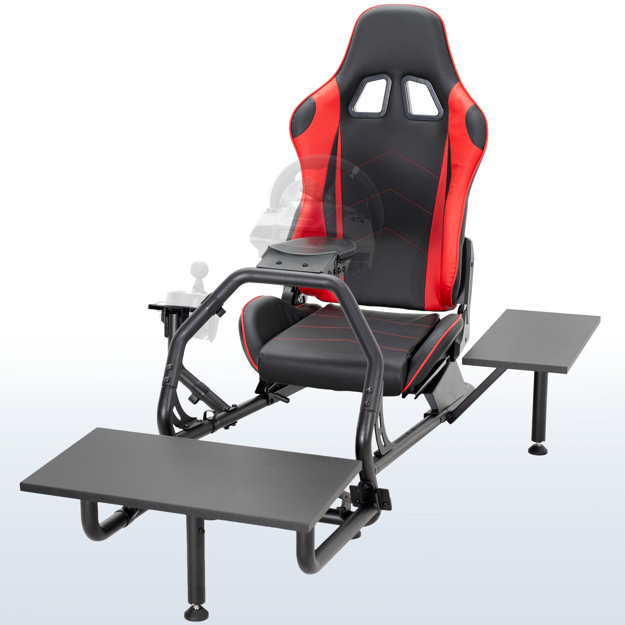 Racing simulator cockpit gaming chair with PC shelf and side shelf.