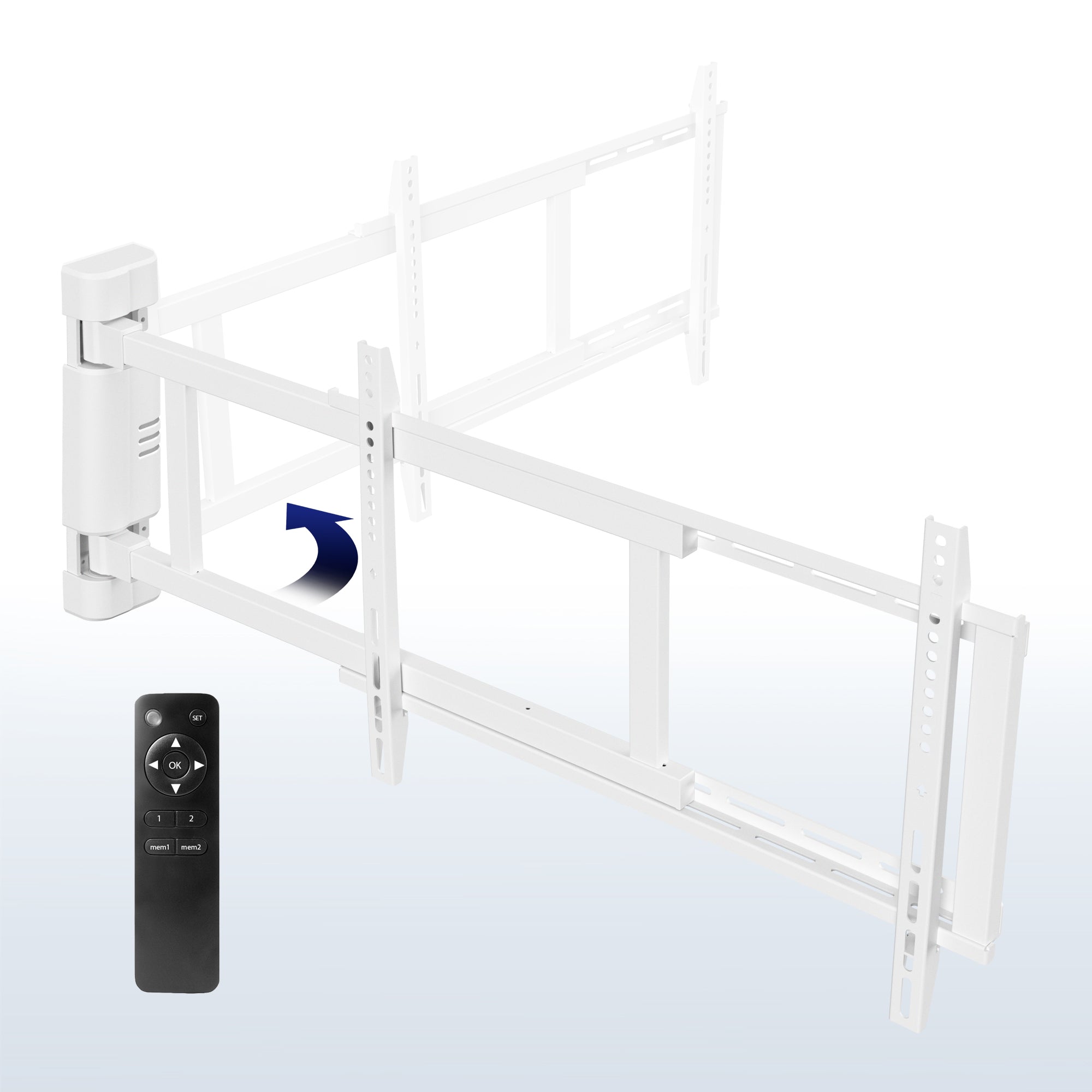 White Electric Swing Wall Mount for 32” to 75” TVs on a blue and white gradient background