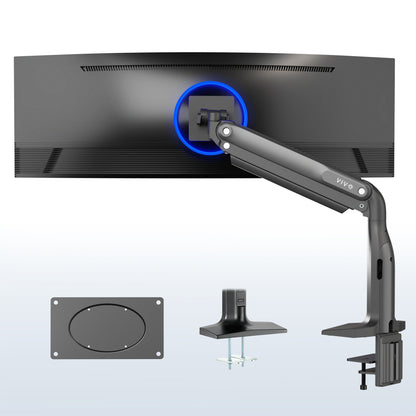 Monitor stand with monitor, arm, and additional components on a white background