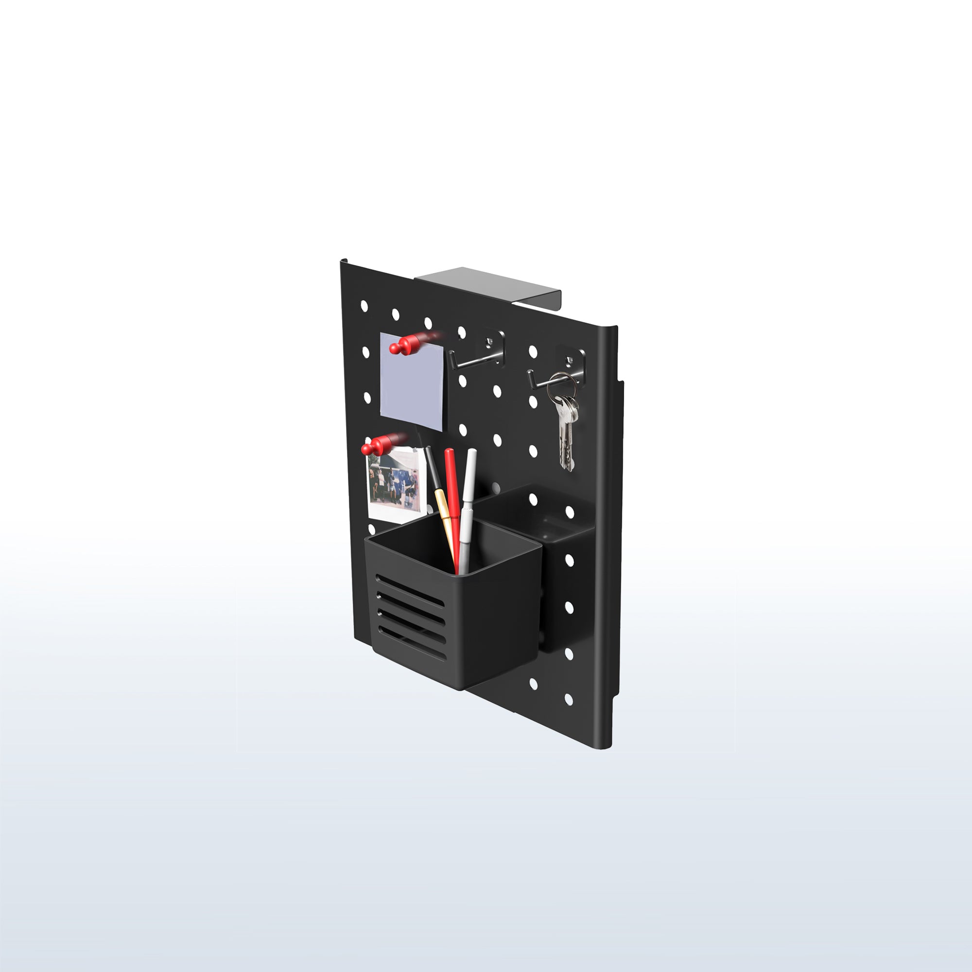 Hanging pegboard for office, home, school, workshop, and more with flexible placement options. Accessories included and zero assembly required!