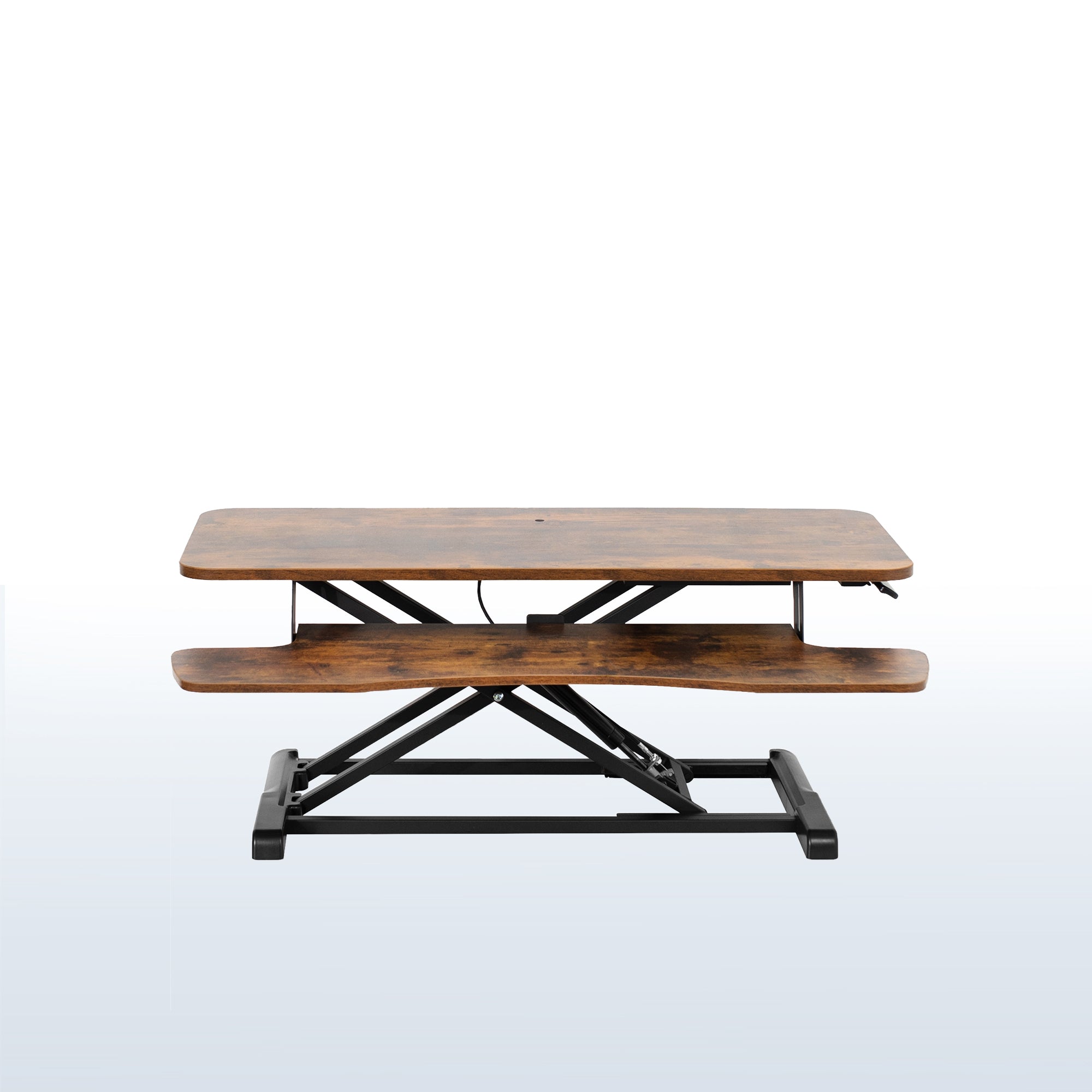Rustic heavy-duty height adjustable desk converter monitor riser with 2 tiers.
