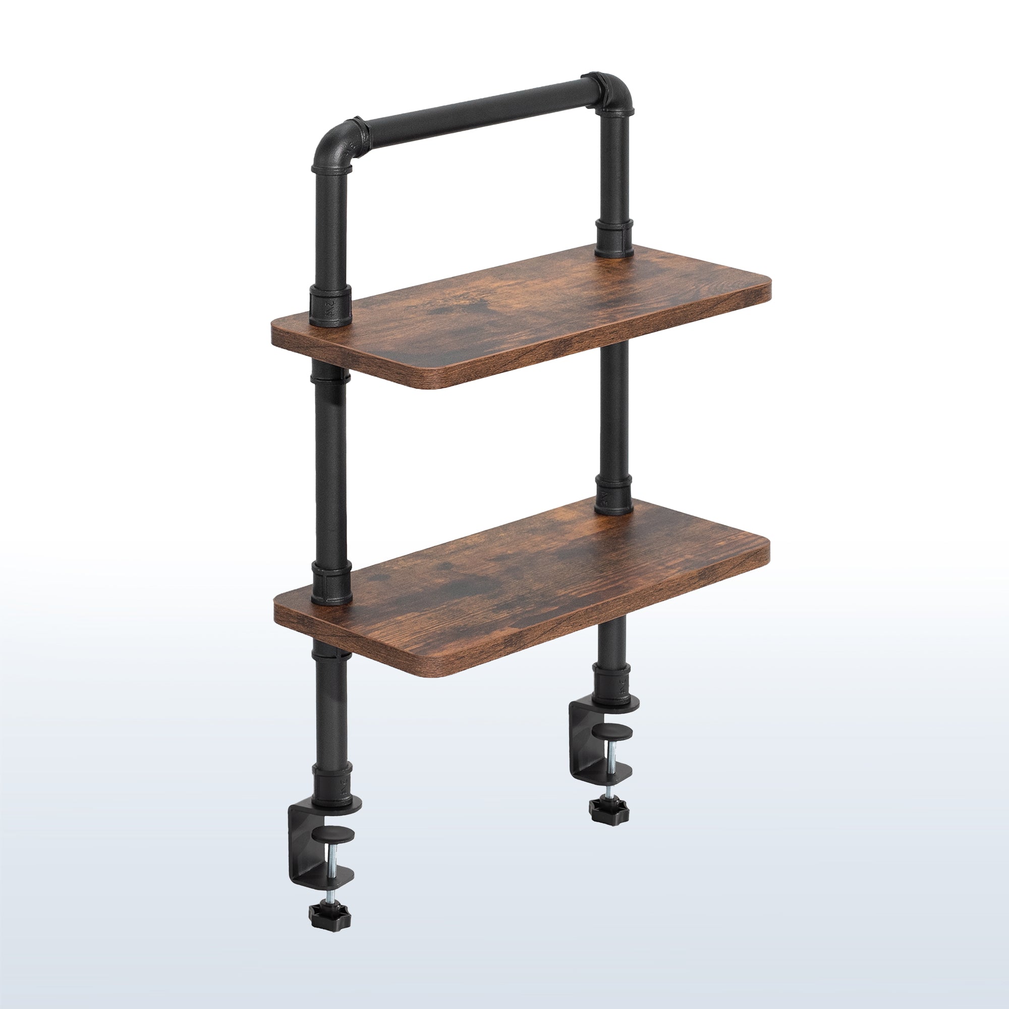 Clamp-on Industrial Pipe Shelves secure to your office desk and create dual level storage for clearing workspace clutter.
