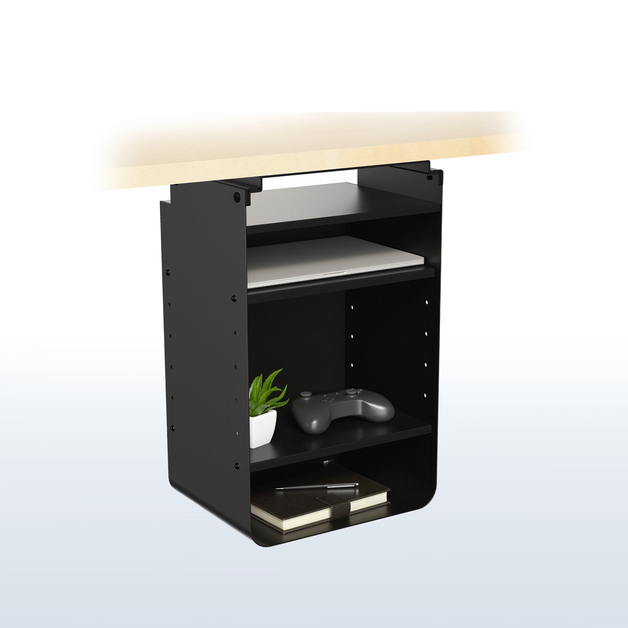 An under desk black shelving unit with multiple shelves.