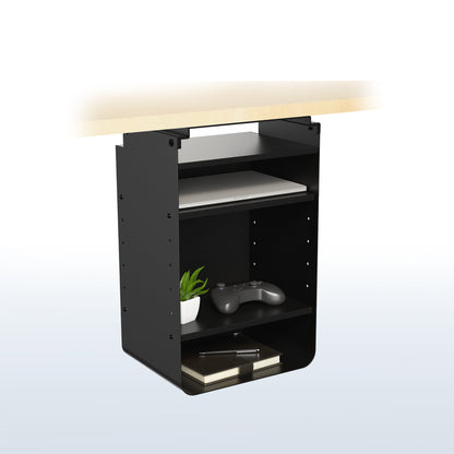 An under desk black shelving unit with multiple shelves.