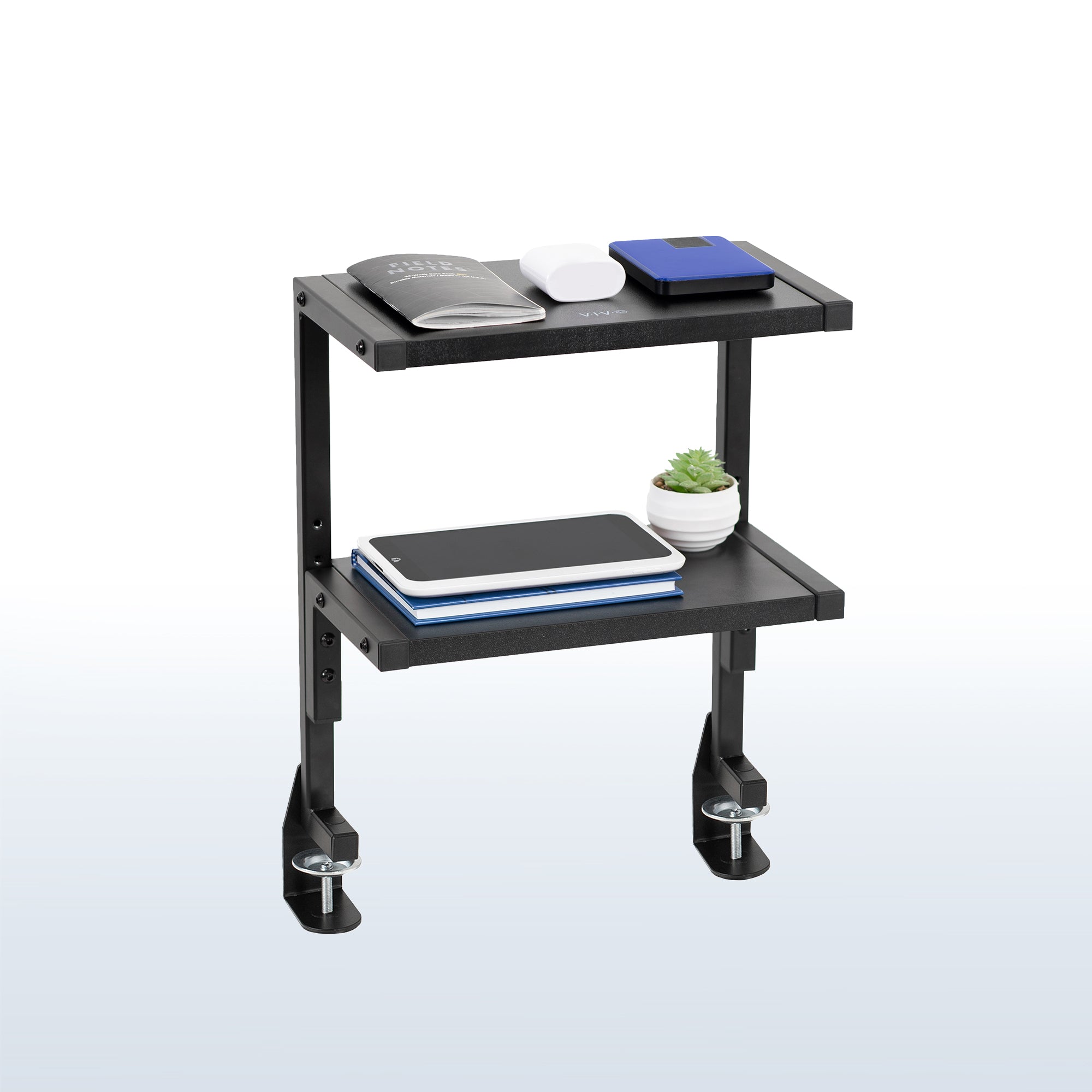 Sleek above desk or below desk clamp-on shelf with two shelves for convenient storage and organization. Lower shelf height adjusts and is removable.