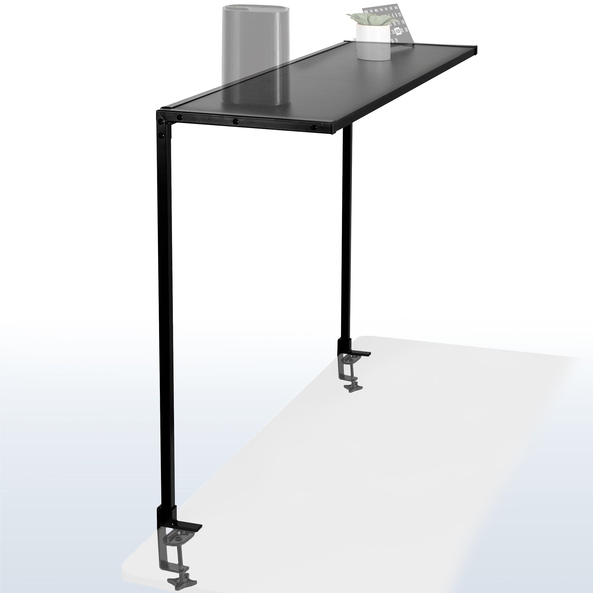 Overhead clamp on the desk shelf. 