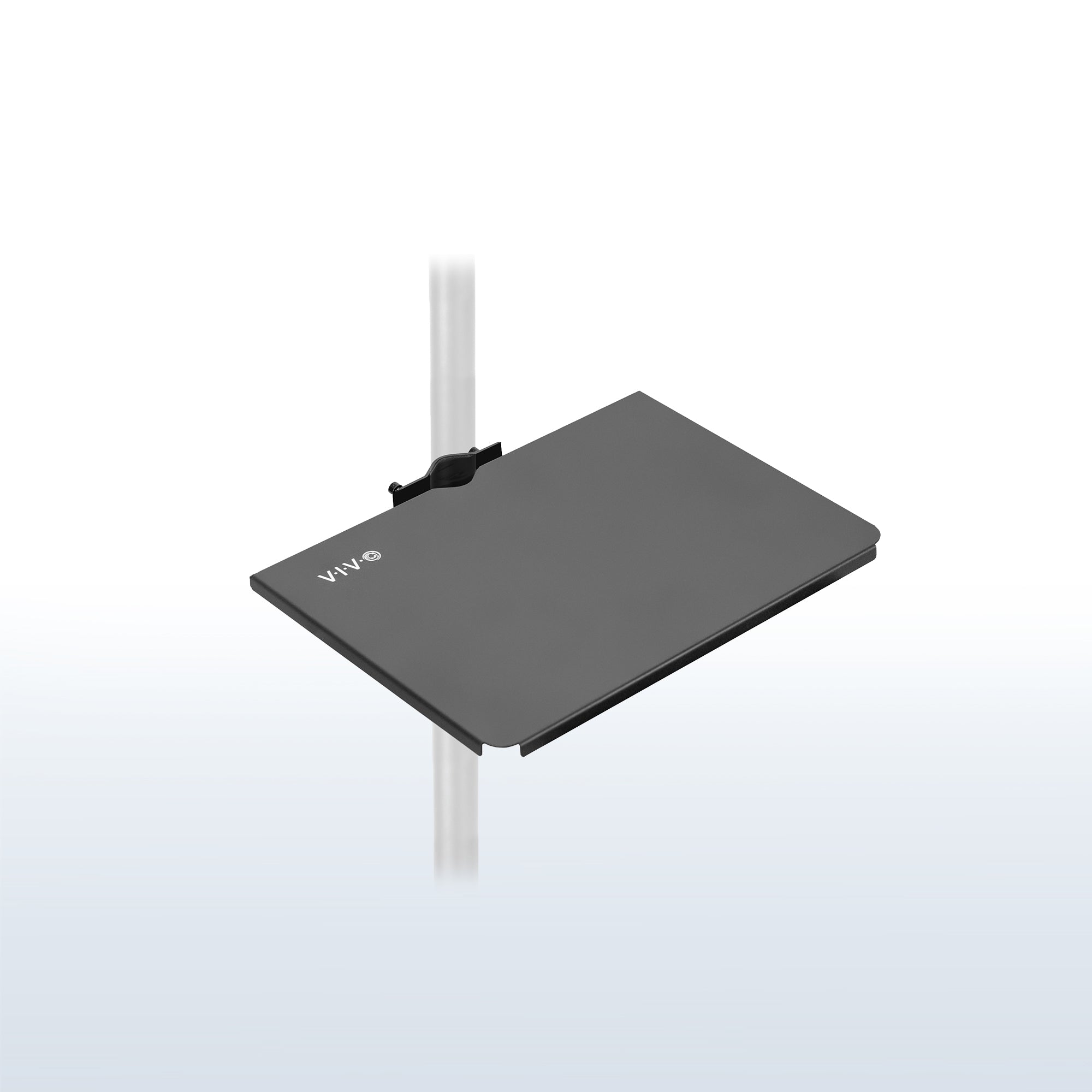 Clamp-on 14" shelf mount for pole for extra storage and space saving.