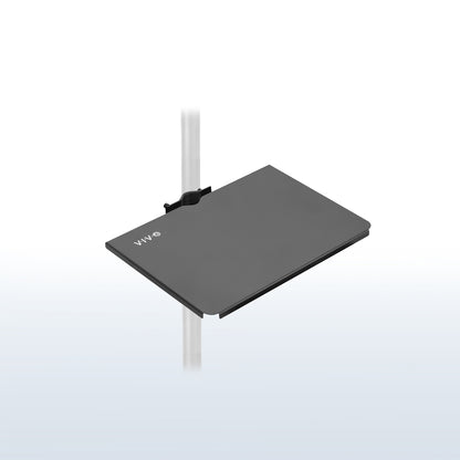 Clamp-on 14" shelf mount for pole for extra storage and space saving.